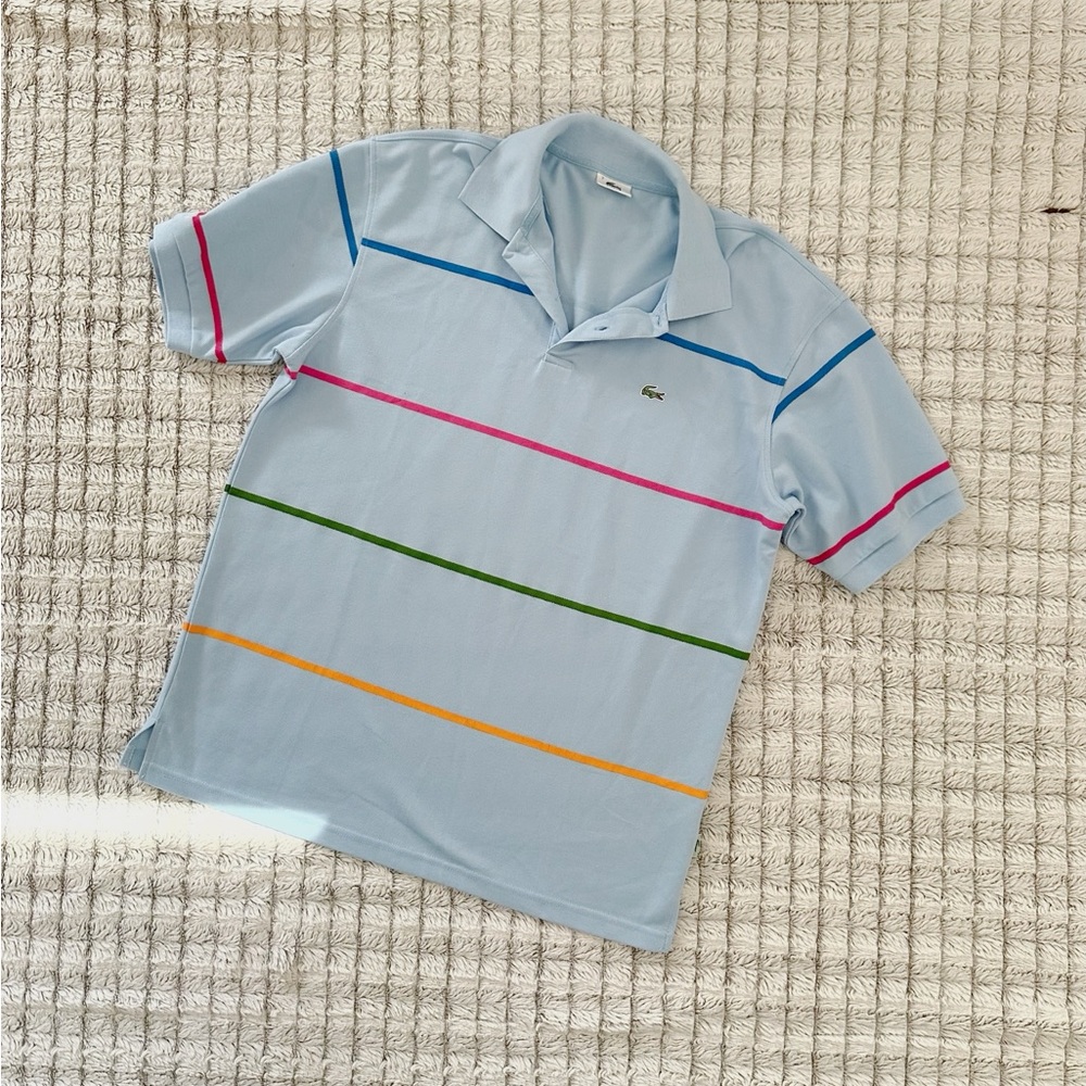 Lacoste Light Blue Polo with Pink, Blue, Green, and Orange Stripes